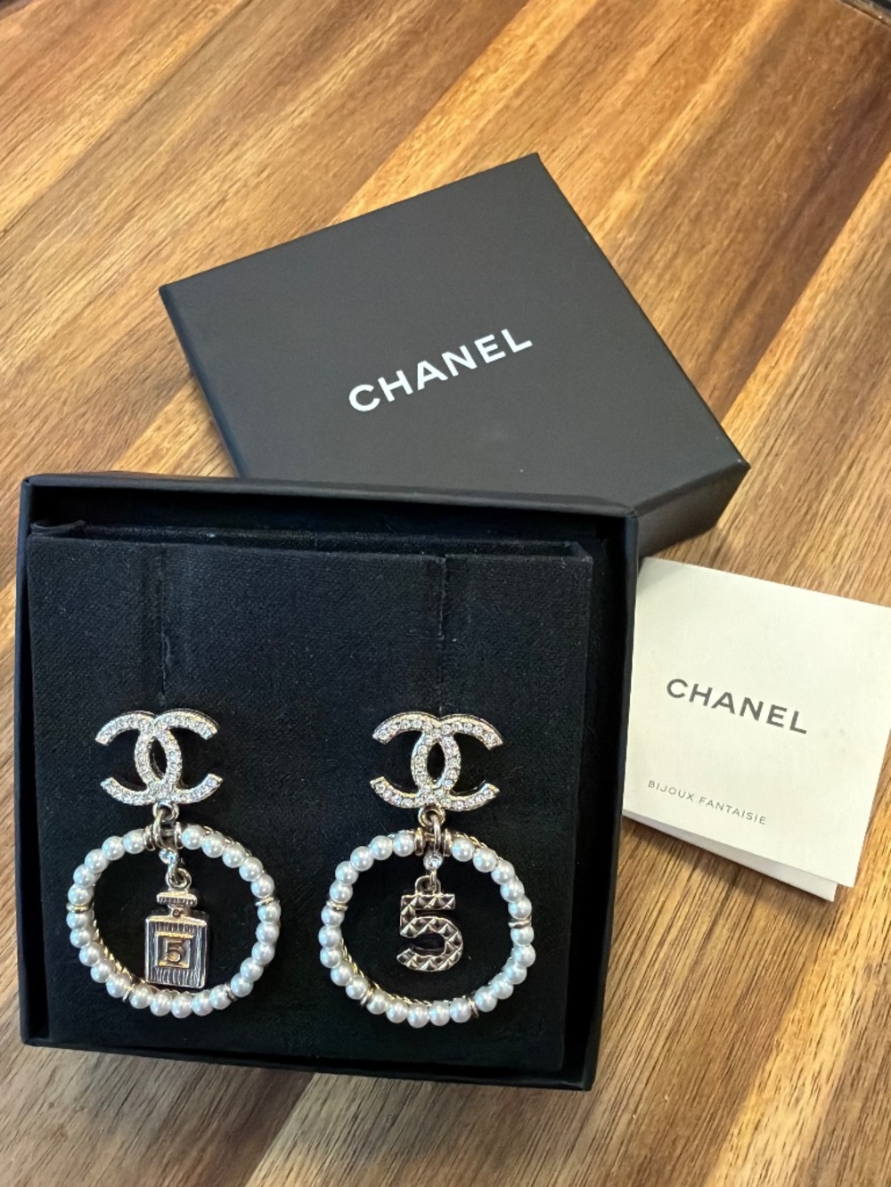 Chanel No. 5 Perfume Bottle Faux Pearl Hoop Dangle Earrings